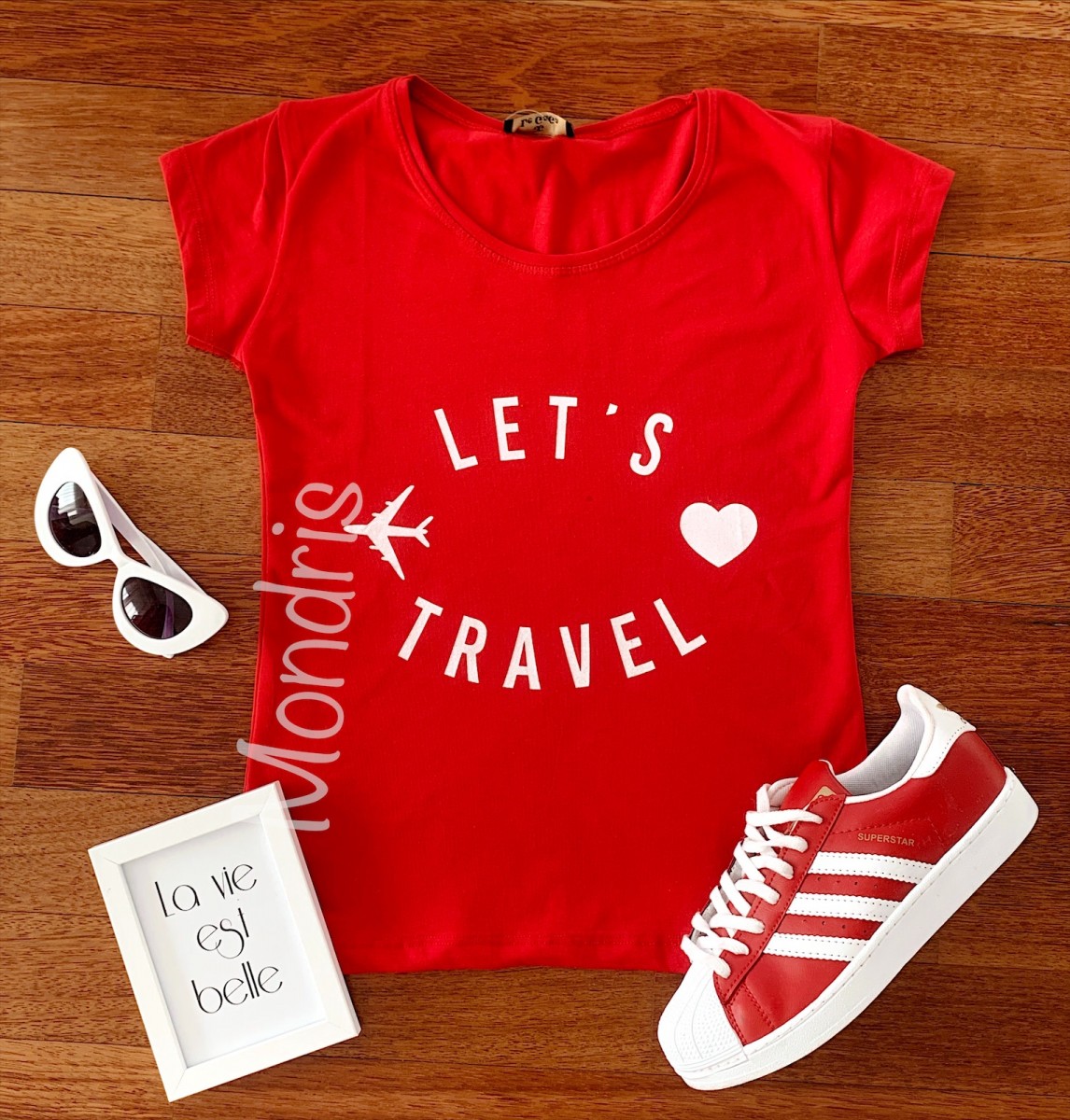 Tricou dama ieftin din bumbac rosu cu imprimeu Let's travel